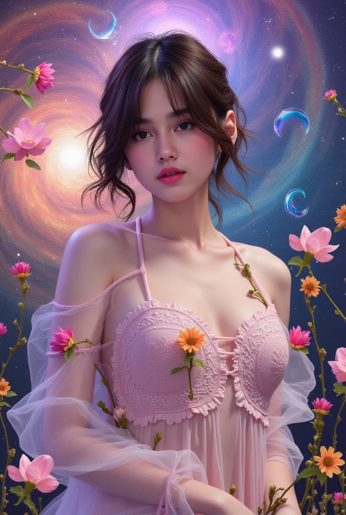 (8K, RAW Photos, ultra-quality, ultra-detailed CG with unity 8K Wallpaper, masutepiece:1.2), SIGMA Lens 35mm F10 , Shutter Speed 1/125, ISO 1600, One girl, 3D, Full body, Beautiful ??????????? arms:1.0) , (unshaven armpit:1.0), (?????????:1.0), Soft light, (ambient lights:1.2), (Bounce Lighting:1.2), (Look at viewers:1.2), (laughing sweetly:1.2) , (Burst ???????:1.5), (????? wide opening:0.6), Super beautiful detailed eyes, Accurate shiny iris depiction, pupil is black, water-based humor shine, Ultra-detailed eyelashes, iris with a very slightly black rim, Delicate and beautiful hair, (ultra-detailed hair), precise shading of hair, Delicate hair tips, professional make up, hyperdetailed lips, Precisely drawn lip wrinkles, Beautiful shiny lips, Wearing small jewelry earrings that match the color of the outfit, Short hair , Strapless,Space is the backdrop、stele々The Birth of、The stars that surround her々、Light particles leaking out of the perineum、creation、Fantastic background that defies common sense, Perspective、Infinite world、sacredness、goddes、aureola、The light source、kosmos、in isekai、Lying on the back,Spread your ??????????, Angle from the perineum、cosmic creation、intergalactic