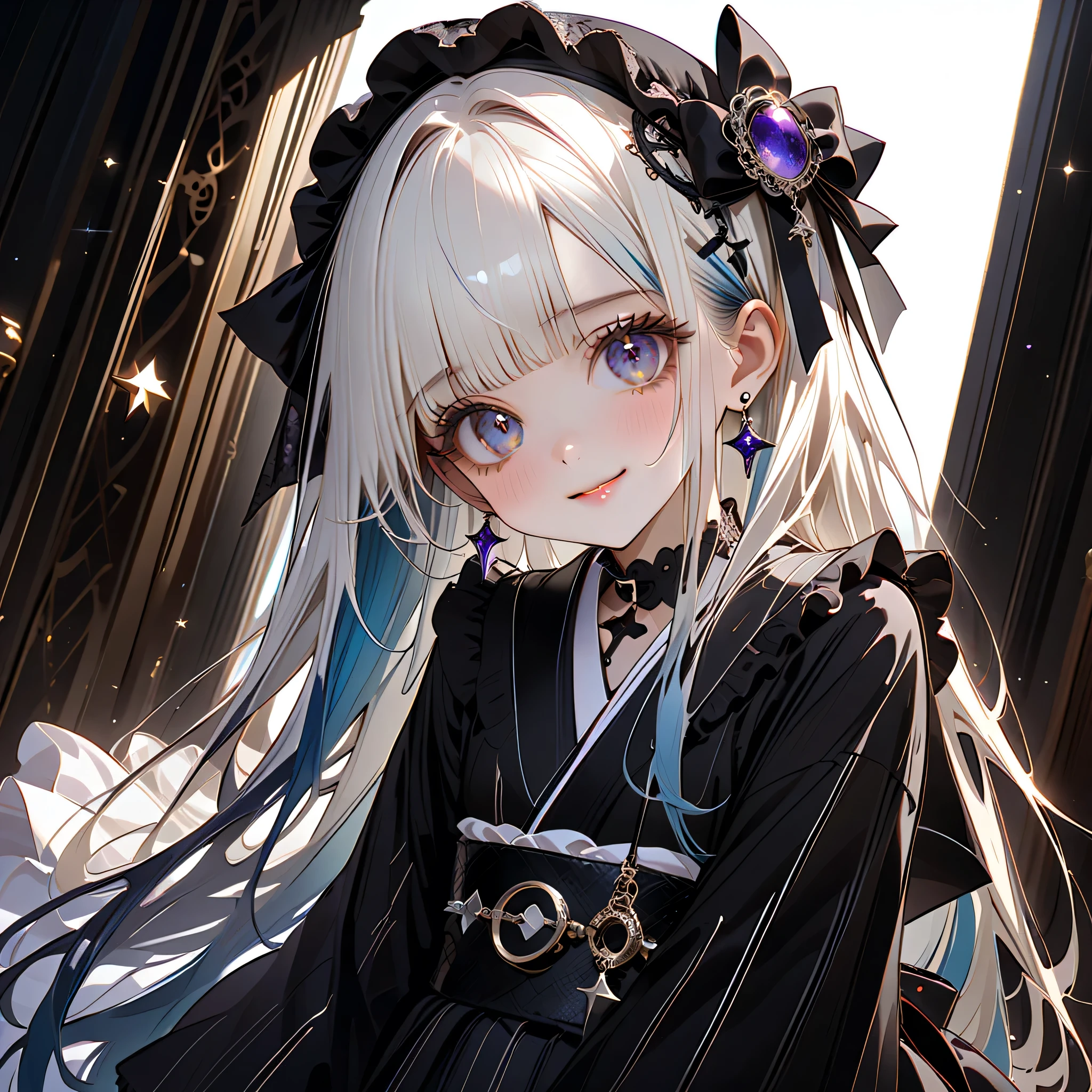 face in front、the cutest girl in the world、1girl,pretty face、Idol、Babyface、big eyes、Smile Yan、(((Highest Quality、最高masterpiece、Super Detailed、High precision in selection、CG、winning work)))、（masterpiece，Highest Quality），(((white goth spank、cute gothic kimono remake with a goth lolli and kimono、yellow purple goth kimono、Burberry plaid costume)))，（Ruffles on the collar ）、（Long sleeves、I'm wearing a 、Ruffles on the cuffs）、（首にフリルとstarのチョーカー）、（has a small silk hat on its head at an angle）、（Shoulders are exposed）、(((milky white and blue gradation hair color、 Unique and cute hairstyle 、Blunt bangs、)))、（starの妖精、small translucent fairy feathers growing from the waist）、（star、Space、Milky Way、流star群）、（diamond、glitter）、（Mevius ring earrings）、