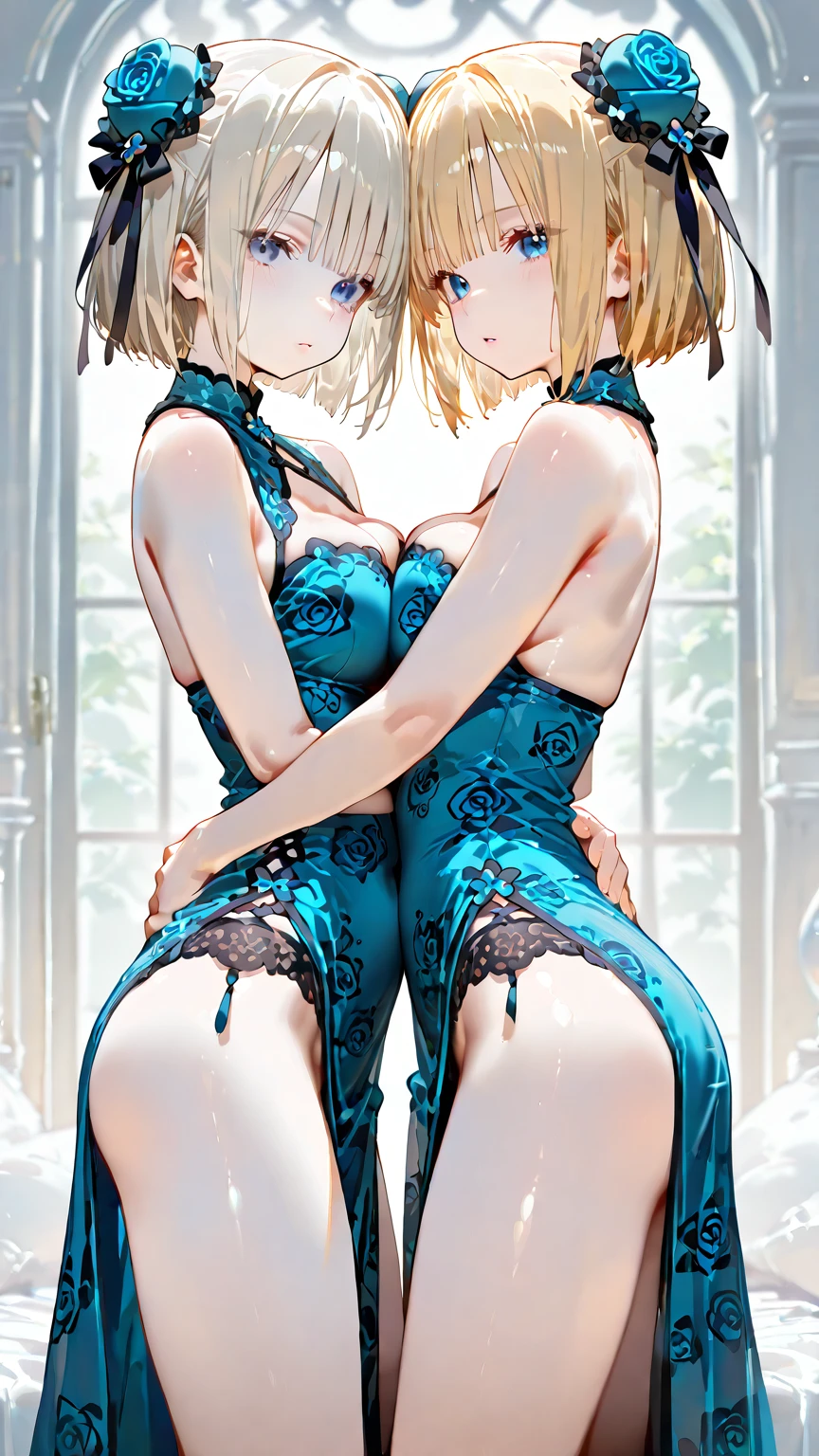 ((Masterpiece, top quality, high resolution)), ((highly detailed CG unified 8K wallpaper)), (huge stunning goddess shot, very hot and sexy, jaw-dropping beauty, perfect proportions, beautiful body, slim body beauty:1.1), (2 girl), (girl with blonde short hair, brown skin, blue eyes,), (girl with blonde hair, blue eyes, dark eyelids, light skin), (American style).