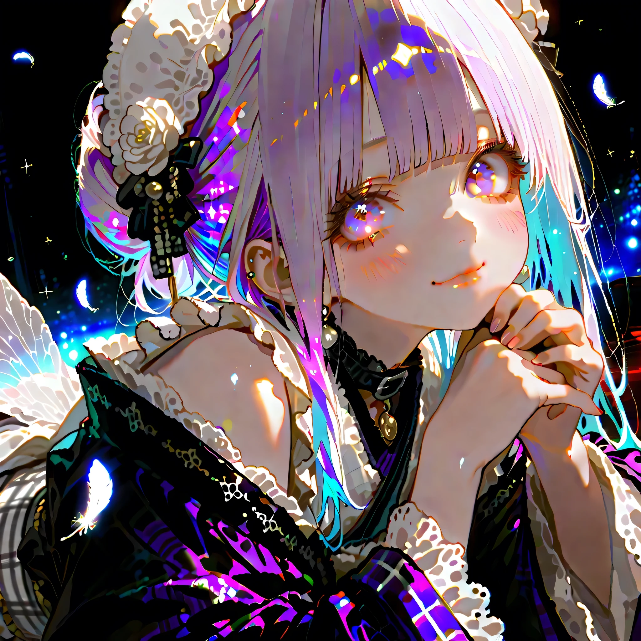 face in front、the cutest girl in the world、1girl,pretty face、Idol、Babyface、big eyes、Smile Yan、(((Highest Quality、最高masterpiece、Super Detailed、High precision in selection、CG、winning work)))、（masterpiece，Highest Quality），(((white goth spank、cute gothic kimono remake with a goth lolli and kimono、yellow purple goth kimono、Burberry plaid costume)))，（Ruffles on the collar ）、（Long sleeves、I'm wearing a 、Ruffles on the cuffs）、（首にフリルとstarのチョーカー）、（has a small silk hat on its head at an angle）、（Shoulders are exposed）、(((milky white and blue gradation hair color、 Unique and cute hairstyle 、Blunt bangs、)))、（starの妖精、small translucent fairy feathers growing from the waist）、（star、Space、Milky Way、流star群）、（diamond、glitter）、（Mevius ring earrings）、