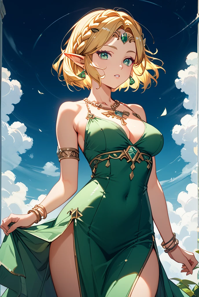 Anime Style,Nostalgic,A detailed background with many people,The medieval world,A palace-like cave,Smiling dancing elf girl,Large Breasts,Healthy thighs,Underarm