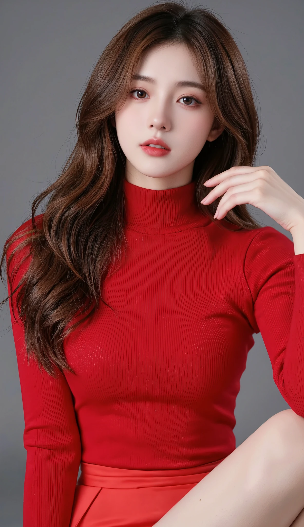 (masterpiece:1.5)、(realistic:1.5)、(highest quality:1.4、8K、RAW photo)、
ultra high resolution、professional lighting、perfect dynamic composition、Shot indoors、
film grain、chromatic aberration、(Bokeh:1.1)、
Frank、Sophisticated、Charm、surreal、high detail、golden ratio、
(1 girl)、slender girl、Delicate and charming girl、cute woman:1.4、
serious expression、looking at the viewer、gravure pose、
light brown hair、shining hair、Hair style is ponytail、
skin that looks real、
close your mouth、fine eyes、double eyelid、thin arms、、
(She is wearing a wine red turtleneck ribbed sweater dress.:1.3)、showing some thighs