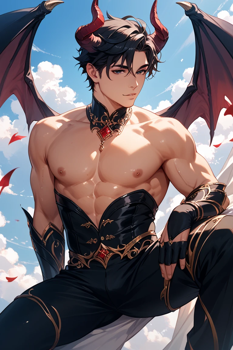 <lora:mik277:0.9>,1boy,green hair,horns,wings,harness,thighhighs,underwear