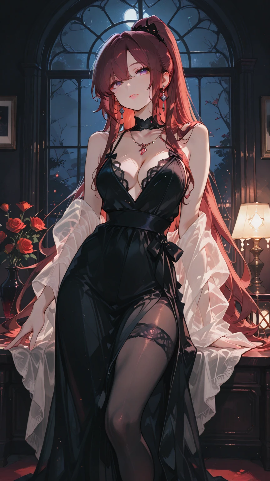 Bewitching woman red hair long hair huge breasts ((undressing,)) (Transparent,) (((nipple,))) seduction sexual content palace bedroom luxury furniture