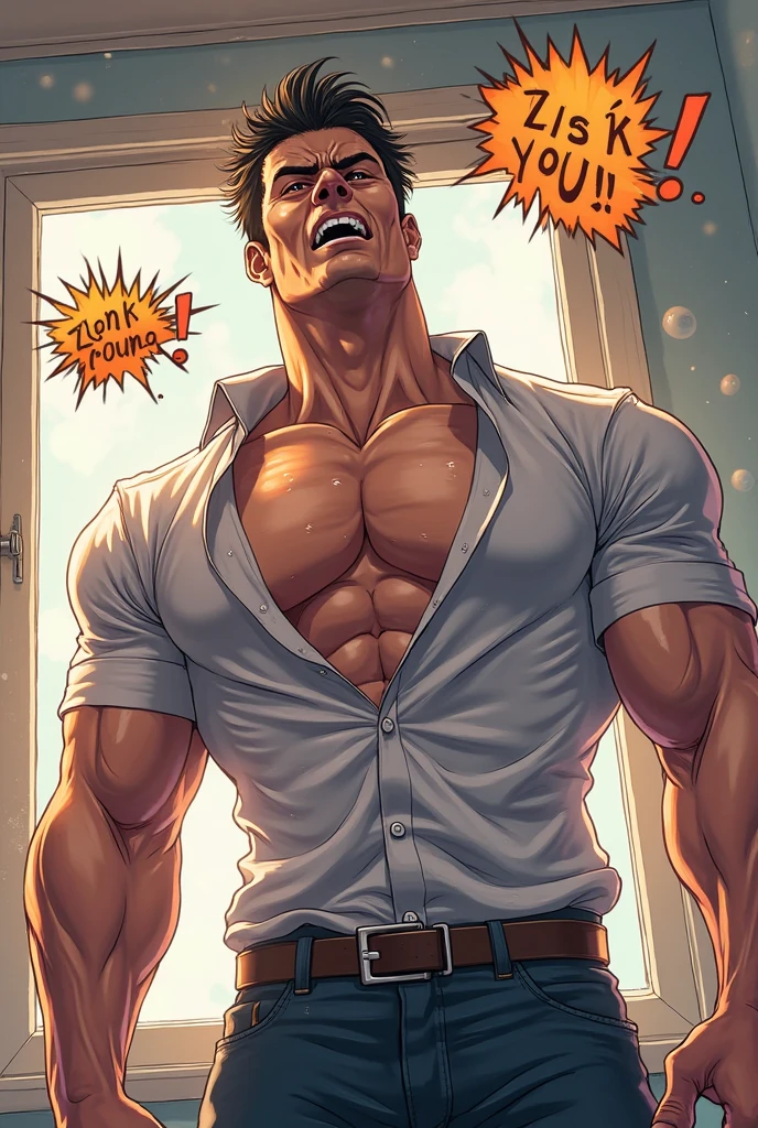 (NSFW: 1.5), Chris Redfield ,(man kneeling: 1.2) , (Seriously injured), (Close your eyes.), Open mouth, show teeth, (Wearing a navy blue round neck T-shirt with a police logo.: 1.3), (Navy blue jeans), Korean guy , korean men, (High gloss details), chest muscles, Big arm muscles, blood vessel, big muscles, Broad shoulders, looking at the audience, Balancing the eyes, (Make eye contact),(Torn shirt: 1.5), (wound: 1.3) , (blood splatters) ,( abrasions on face: 1.5), (Blood stains on the face and body: 1.5) ,(Torn shirt: 1.5) , (Look up: 1.1) , (genital very long big : 1.5), (Big testicles), (Erection of the penis: 1.5), middle of the road,(Fire blazes behind:1.3) ,(several worms:1.8)