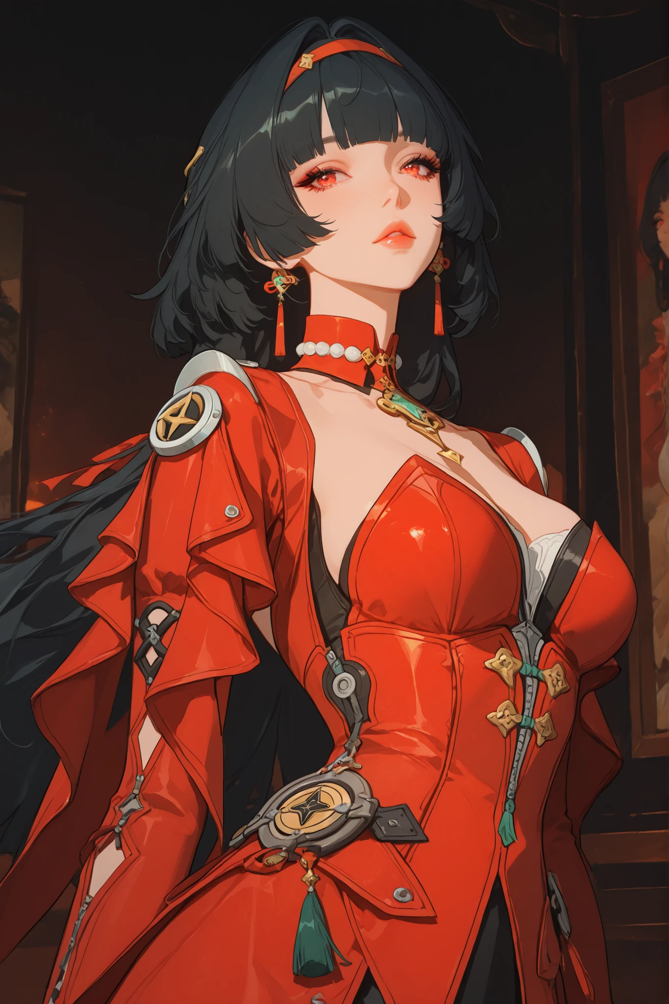 Ultra-high quality, medium shot, 2D anime illustration, thick painting style, pseudo thick painting, delicate and soft brushstrokes. Beautiful adult girl, Astra Yao (Zenless Zone Zero), black hair, long hair, red eyes, clear facial features, elegant lips. Wearing red clothes, elegant pose. Dark background, cinematic lighting, dynamic composition, high-detail anime art style.