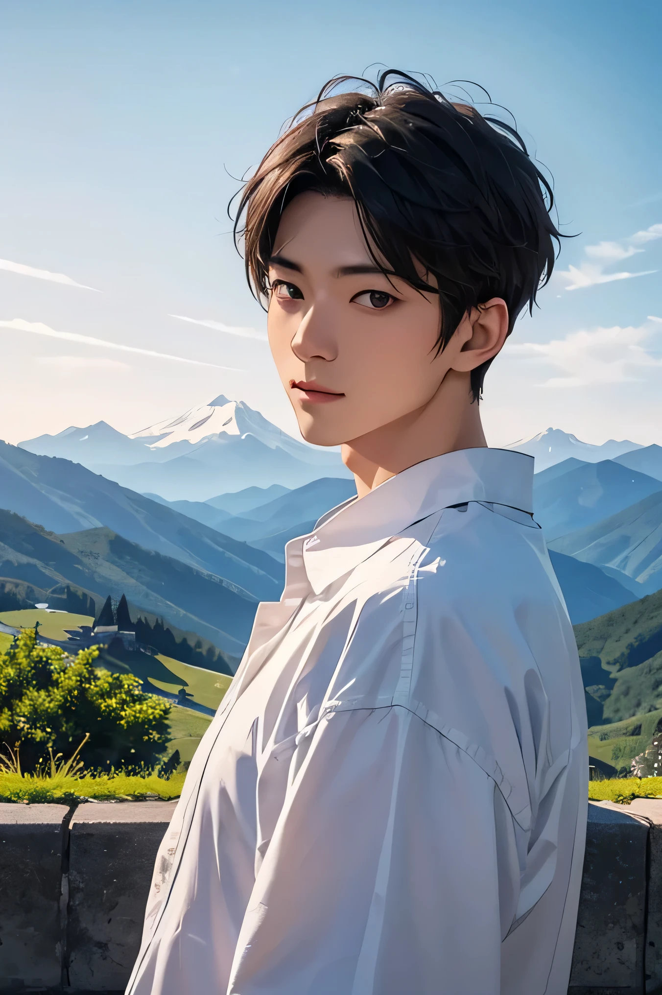 male Japanese handsome guys short hair dark haired whitetshirt eyes The gaze is directed far away summer resort Plateau Resort Beautiful sky and mountains in the background
