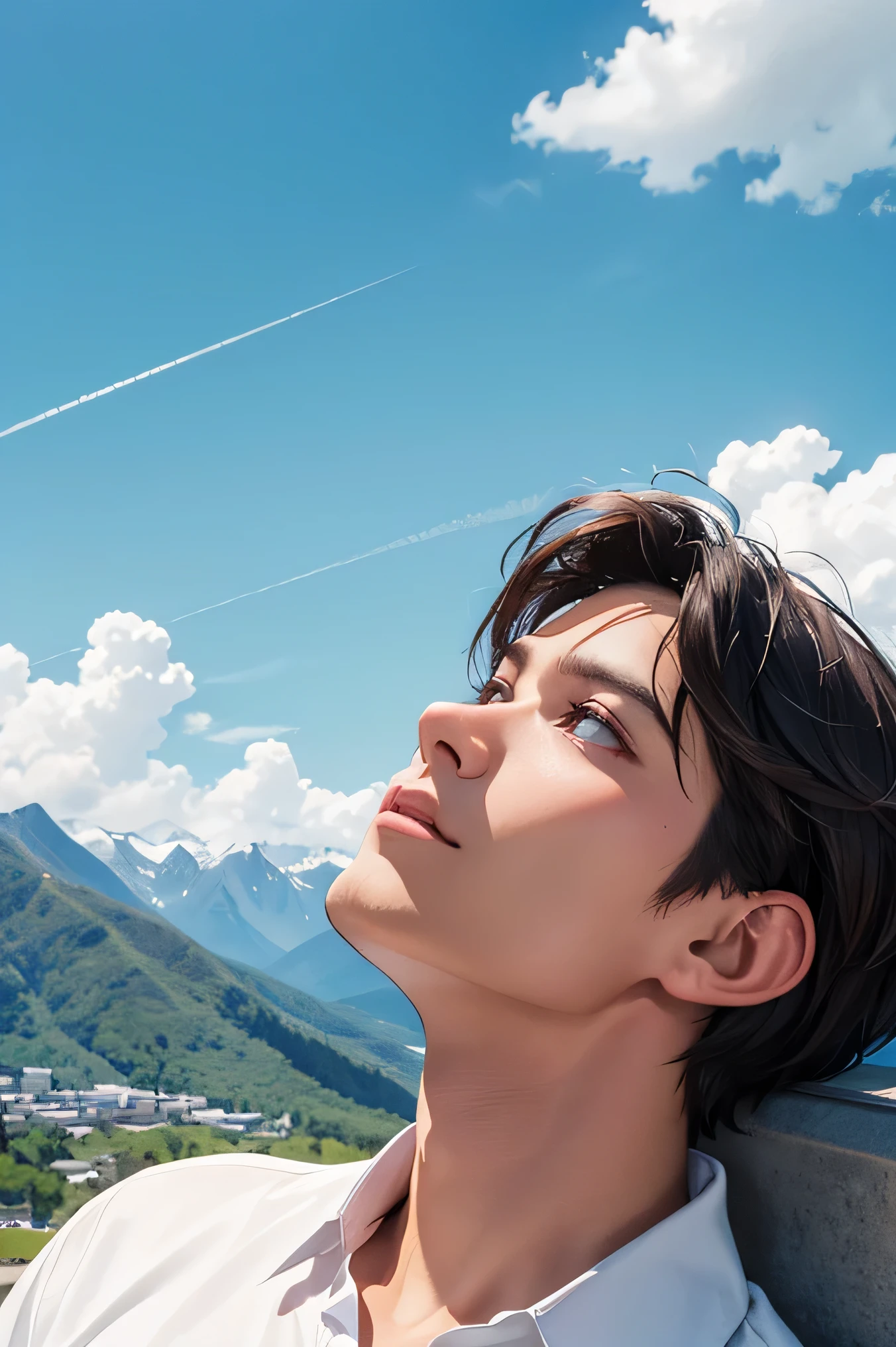  male　　　handsome guys　short hair　dark haired　　　whiteｔshirt　　looks slightly upward and a sad expression　　　　　　eyes　　The gaze is directed far away　Composition looking up　summer resort　 Plateau　 Resort　Beautiful sky and mountains in the background
