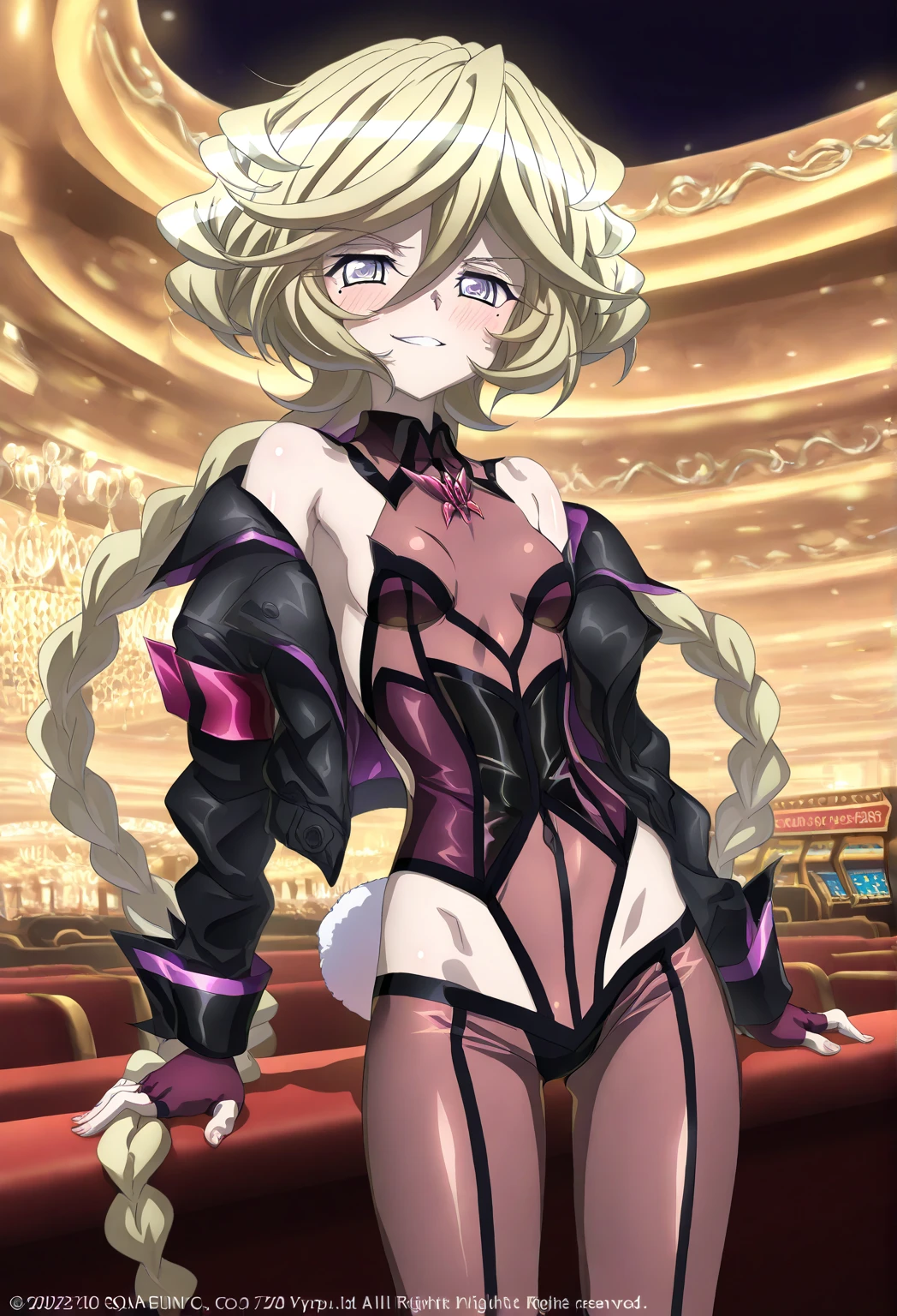 (masterpiece, best quality), 1girl,   <lora:ririnchan_V01:0.8> 1girl, ririn, purple eyes, blonde hair, twintails, long hair, hair ornament, (bell hair ornament:1.5),  zipper, gloves, leotard, thighhighs, fingerless gloves, jacket, cropped jacket, cameltoe, black gloves, covered navel, highleg, purple leotard, black leotard, purple jacket,