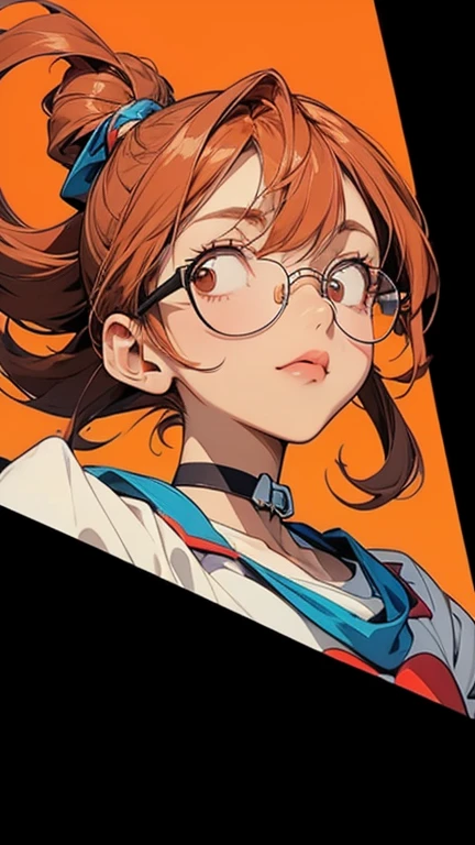 ((chibi)), big head, focus face, flat avatar, in the art style of persona5, (masterpiece:1.2, highest quality), (Realistic, photoRealistic:1.4), Beautiful illustrations, (Natural Side Lighting, Cinema Lighting), Written boundary depth, Beautiful thighs staring at the viewer, 1 female, 20-year-old, alone, thin, slender, (small ), short Hair, Curly Hair, Forehead, Forehead, Forehead, Forehead, thin, slender, glasses, blouse,  pencil skirt, Are standing