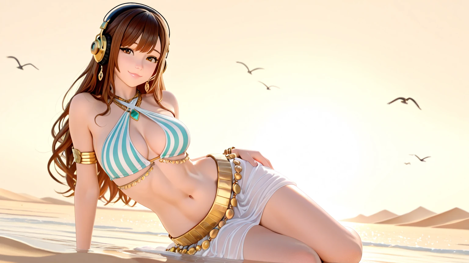 128k Extreme UHD 4K high quality image at a beautiful summer resort, a woman is reclining on a sunbed. She is wearing headphones and listening to music, dressed in a wide opened Beach robes cardigan. She looks at me with a radiant smile