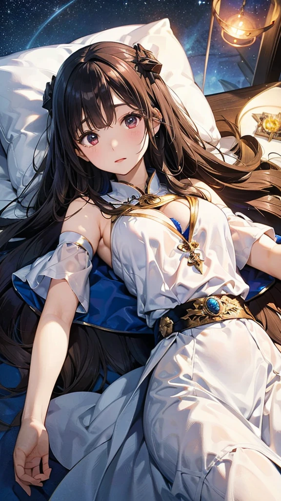 Anime screencap, masterpiece, best quality, detailed face, detailed eyes, 1girl, solo, long hair, black hair, blue eyes, silver eyes, circlet, ((white camisole)), pajama, bare legs, sitting on the bed, medieval inn, surprised, blushing <lora:Lorelai:1>
