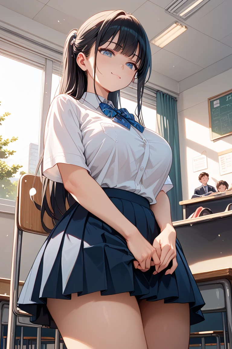 bully student in a high school classroom. She is wearing a skirt and blouse. He has a wicked smile and long, flowing hair.. She is standing, leaning forward, and holds a notebook. in front of her, Sitting at your desk, There is a nerdy boy with big glasses who looks scared