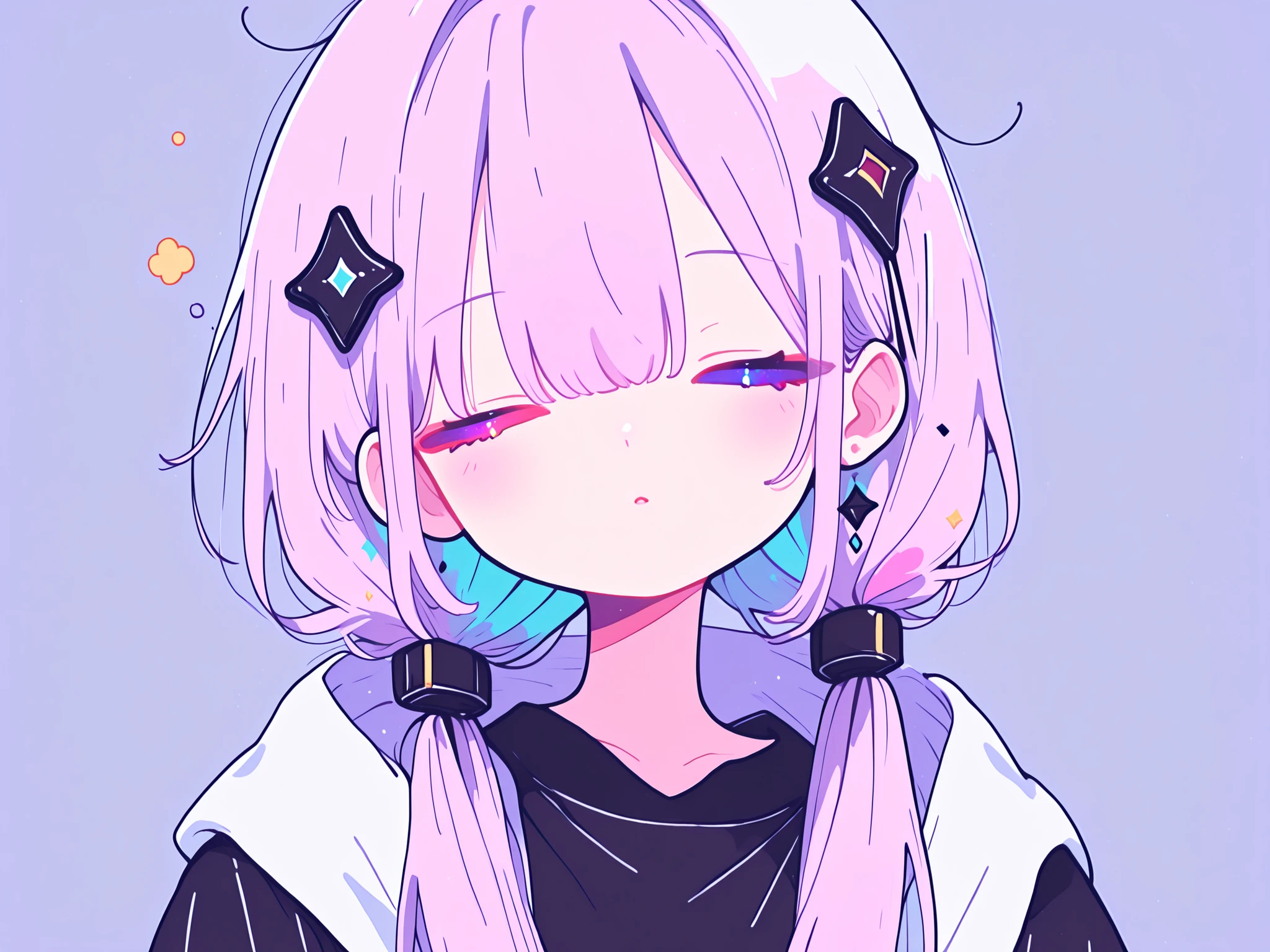 Sleeping face, eyes closed,.
寝顔, k4fu, diamond hair ornament, hair over shoulder, low twintails, multicolored eyes, white pupils, bright pupils,Vocaloid, Kafu, パーカー, 全身, 全体図, パーカーを着ている,