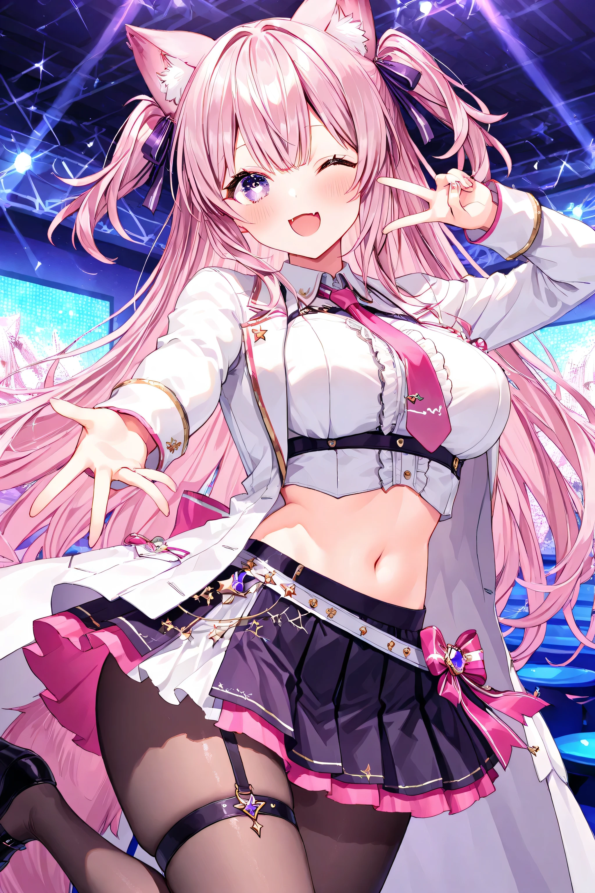 ( Highest Quality , 8k , masterpiece, ) , 1 person、girls ,  very elaborate eyes and face  、(pink hair) 、purple eyes、(big boobs：1.5)、long hair、koyo_lab、(emo ears：2 )、long bangs、(cute smile)、big eyes、(Beautiful, jewel-like eyes：1.5)、  skin care、(white coat、Belly button、Tight skirt、I put an unknown man's cock in the cowgirl position in tights、emphasizes hip line)、(Best Smile)、(Bowling Alley  ：1.5)、(Highest Quality、8k、masterpiece、unrivaled beauty like a statue、The supreme illustration)、(idol on the screen)、(raise one hand high)、peace sign，dances on stage，standing on one leg、wolf tail、(Cat's Mouth)、necktie、(I can see my lower breasts)、Short tops、(wink：1.5)、Pose like a backlit
