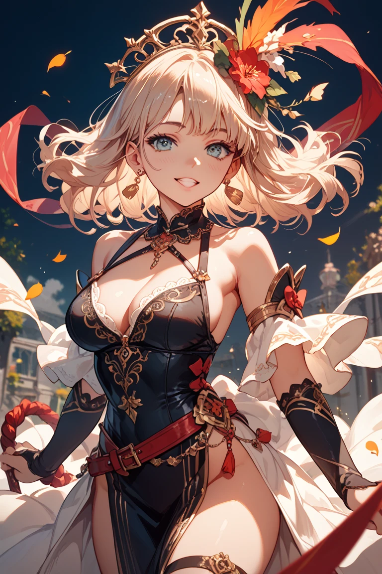 最高masterpiece、16K、最high quality、Detailed face、Detailed eyes、Epic Seven Style、girl、 (Wavy Ponytail, Shoulder hair, Very long hair, very thick hair), Blonde or white hair、Have beautiful eyes, Golden Eyes, Star-shaped pupil, Diamond-shaped pupils), smile, Happy , Big Breasts, Cleavage, Crescent moon earrings, Casual wear goddess, 2 pairs of leather collars with beautiful jeweled feathers), (Hair Flower Hairpins), Using Lens Flare, chromatic aberration, Attention to detail, anime, Romanticism, About Art, Written boundary depth, Motion Blur, Dazzling Light, Film Grain, 超High resolution, retina, Accurate, masterpiece, Anatomically correct, Rough skin, Very detailed, Attention to details, high quality, Awards, 最high quality, High resolution, 16K, put your hands behind your back