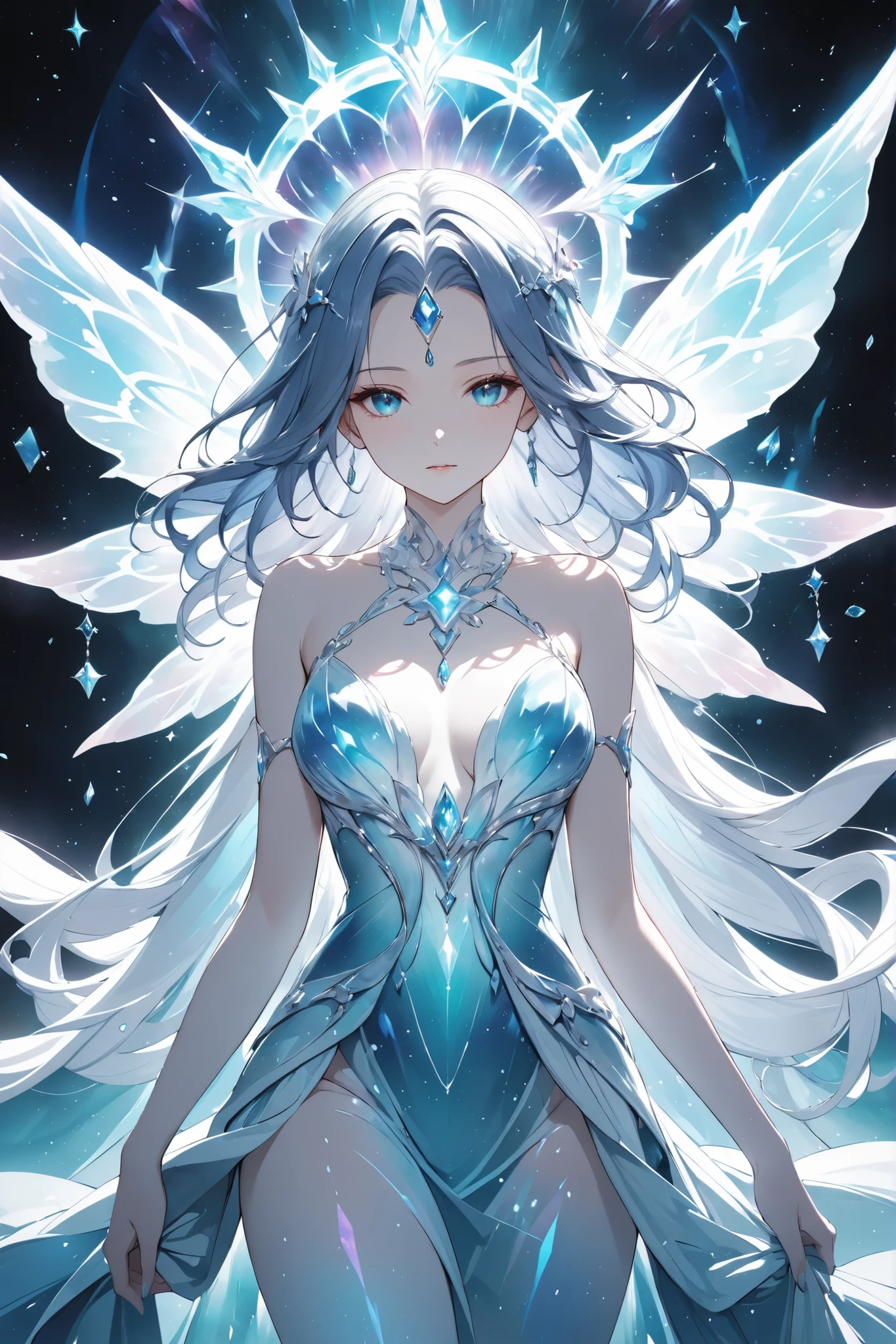 elegant lady in celestial gown, divine aura, artistic nude tastefully implied, deep sea color palette,
ethereal crystal-like skin, sacred glow from within, divine purity,