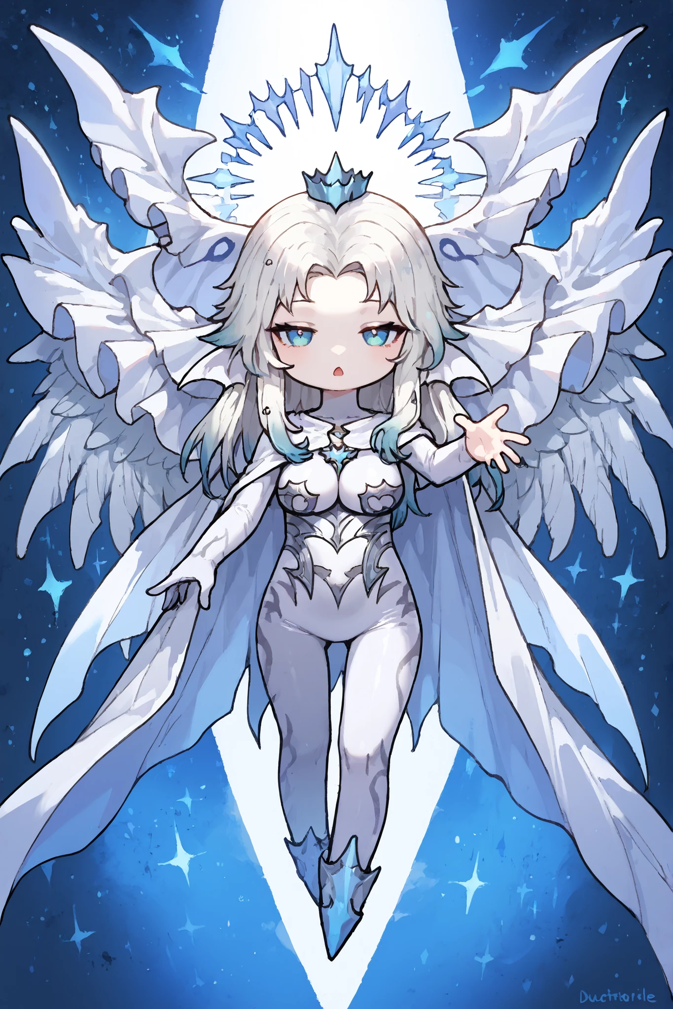 (masterpiece, detailed:1.2),in cosmic space,black hole,realm of darkness,
only 1 loli girl,chibi,solo,hydaelynffxiv,large breasts, colored skin, pale skin, white skin, halo, halo behind head, medium hair,white hair,veil, white bodysuit, white wings, cape, crown,full body,
half-closed eyes,looking at viewer,
reaching hand to the viewer,