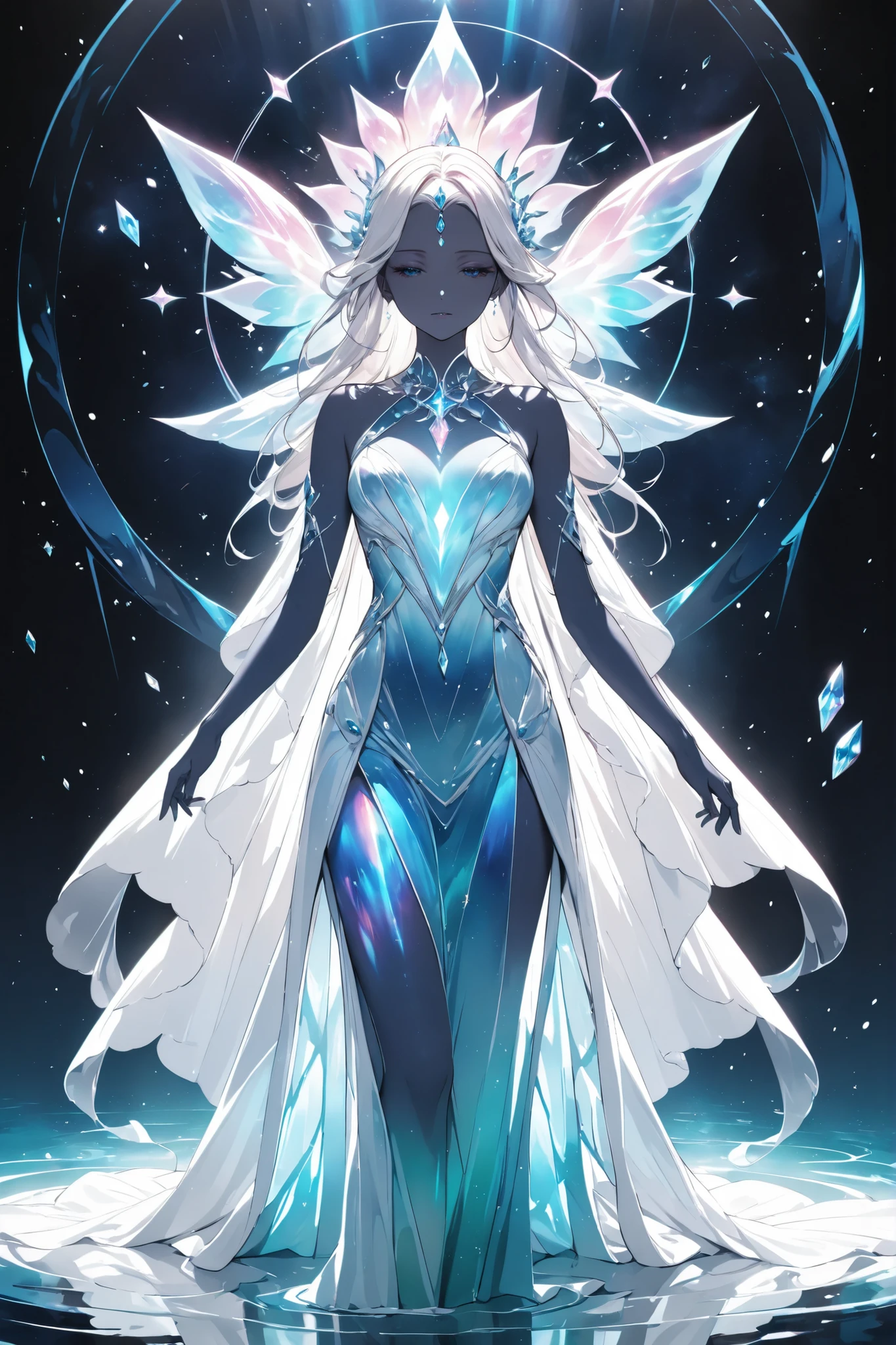 elegant lady in celestial gown, divine aura, artistic nude tastefully implied, deep sea color palette,
ethereal crystal-like skin, sacred glow from within, divine purity,