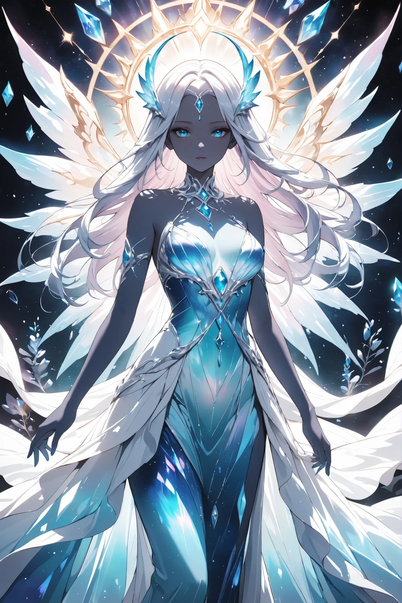elegant lady in celestial gown, divine aura, artistic nude tastefully implied, deep sea color palette,
ethereal crystal-like skin, sacred glow from within, divine purity,