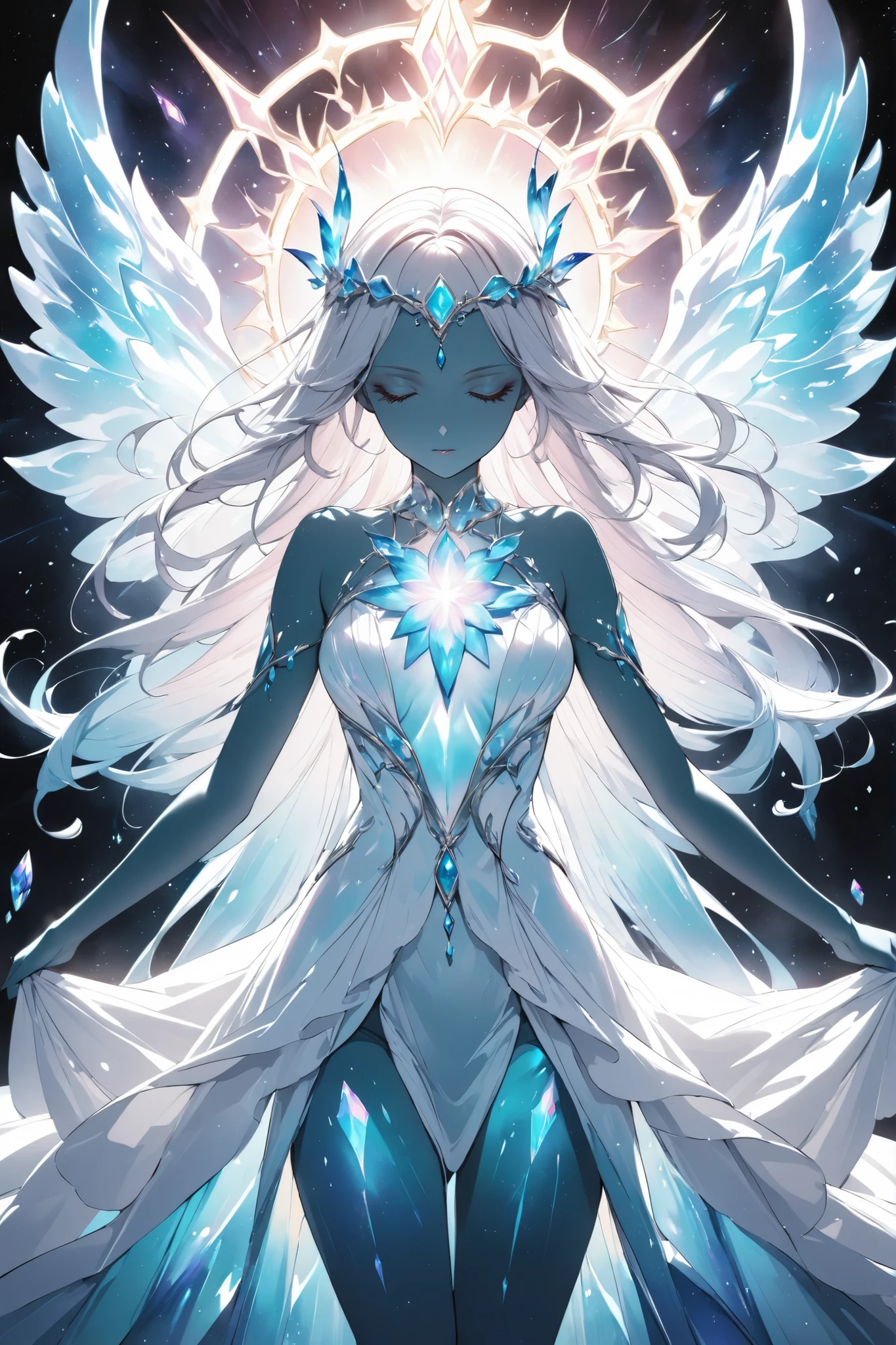 elegant lady in celestial gown, divine aura, artistic nude tastefully implied, deep sea color palette,
ethereal crystal-like skin, sacred glow from within, divine purity,