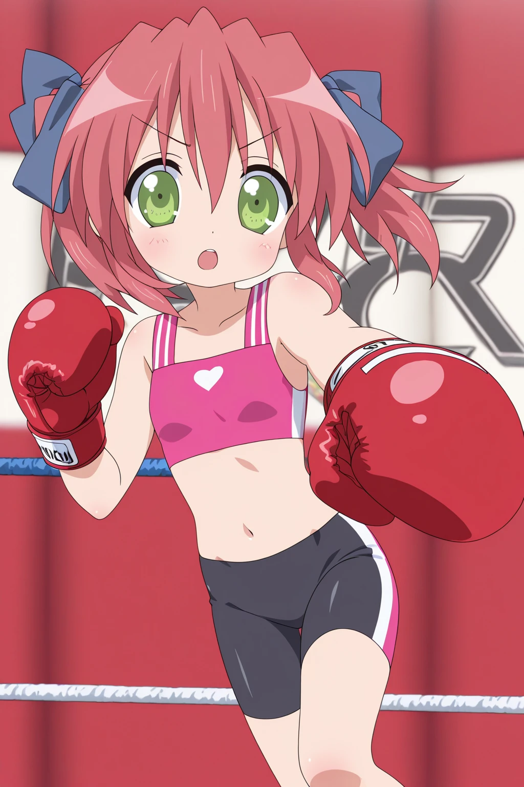 2D anime picture, (anime style 1), single school girl, 10 years old, sadistic, Japanese, красивая длинная чёрная причёска in white sport bra without sleeves, in white boxing shorts, in pink boxing gloves стоит возле боксёрском ринге, in empty gym, night