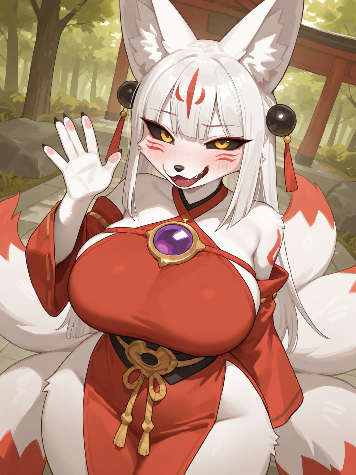 Anime, Anime accurate, traditional, Yo-kai Watch, Amaterasu \(okami\), female, solo, yellow eyes, black sclera, breasts, black nipples, puffy nipples, markings, snout, standing, onsen, partially submerged, Japanese temple, vagina, black pawpads, claws, tail, 8k 15 feet tall female, long hair, (Gigantic Breasts:1.9), (Hyper breasts), (Massive Breasts), (Breasts bigger than body), Wide hips (Gigantic Ass:1.3), Thick Thighs, Hourglass Figure, full body, <lora:AmaterasuFRL27nO:1>