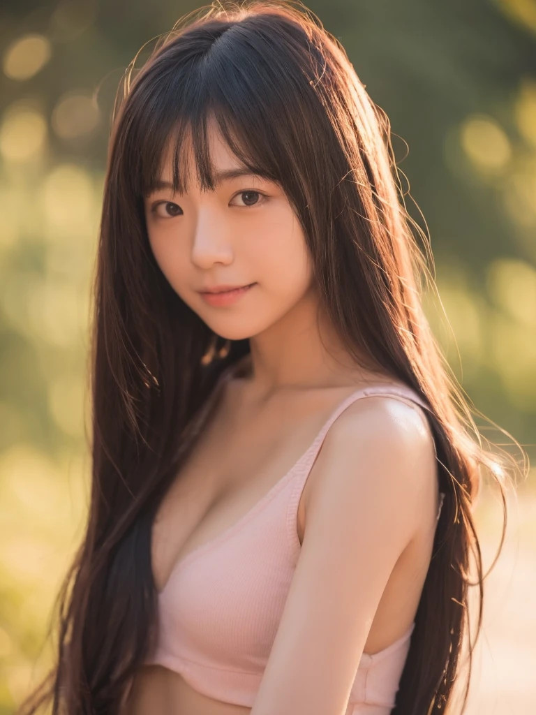 (((masterpiece))), highest quality, Super detailed, very detailed, detailed background, light, very beautiful girl, Japanese, 16 me,  detailed face, alone, smile, (whole body:1.3), (random hairstyle :1.2), bangs, (young face), (perfect body:1.1), blouse, Sunrise glow, summer, In 8K, wallpaper, wonderful, finely, Super detailed, ultra high resolution, very detailed, Pure erotic face, very detailed目と顔, beautiful and detailed eyes, very detailed肌, ((bold bikini)), no makeup, (natural skin), cowboy shot
