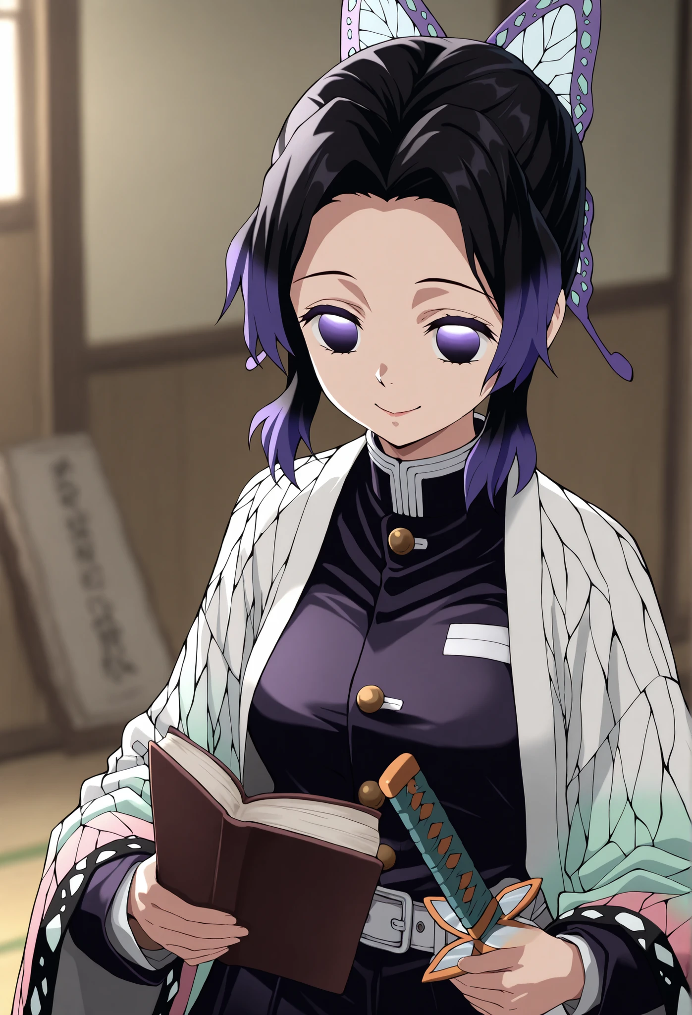 eft_Tolerate, 1girl, Kochou Shinobu, Demon Slayer uniform, butterfly hair ornaments, solo, hair ornaments, Smile Yan,weapons, Sword, purple hair carrying a book, multi colored hair, purple eyes, black hair, Japanese Clothes, gradient hair, Haori, belt, knives, short hair, sheath, long sleeve, empty eyes, parted Bang, jacket, no students, Bang, white belt, blurry background, indoors, upper body, blurry