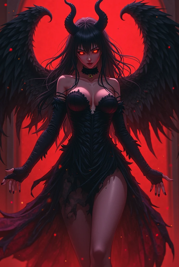 a demon women. left eye is normal, back and right eye is full white, only haves a dot in the middle. angel wings and devil horns and tail. haves tiny eyes under her eyes like yuji from jjk. and she is beutiful, her hair is a wolfcut. standing. her skin color is is brown .. a full body to toe pic. a evil expression on her face. Wears o shaped choker. standing, fire behind her, looking like the world is burning behind her.
