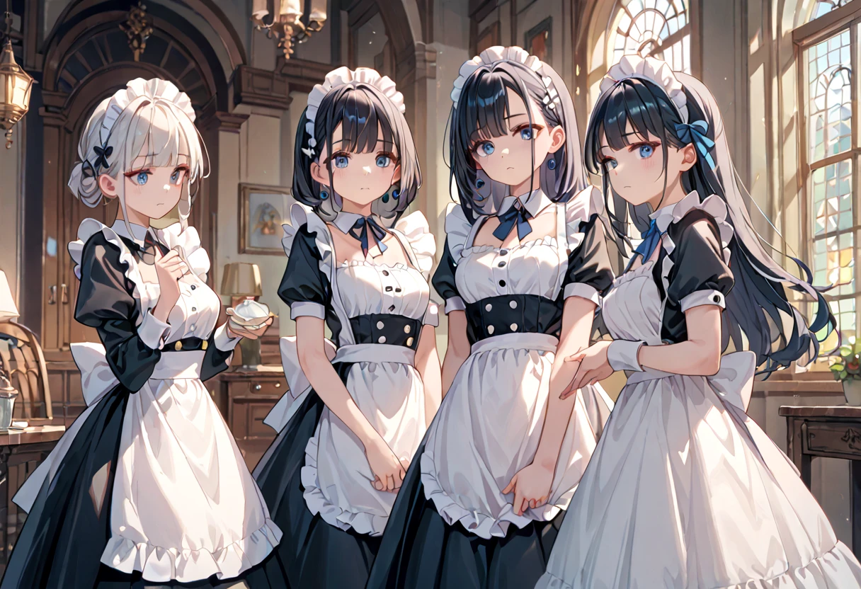 A group of  maids, (in kitchen), various hair styles, harem, wearing maid clothes, night, details face, short skirt, seducing, armpits 
