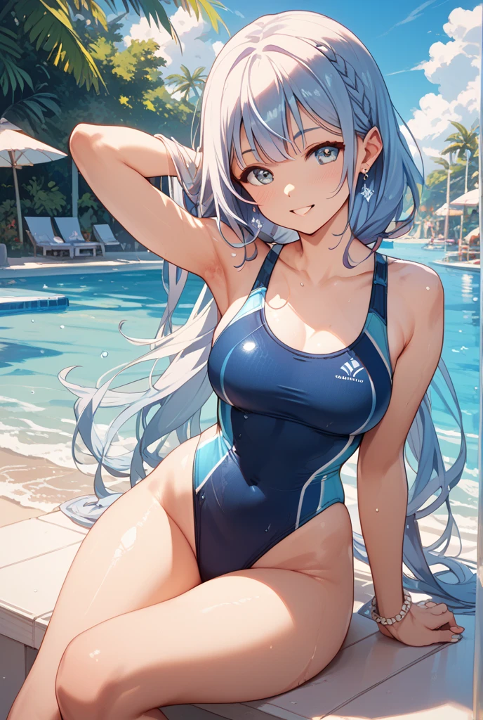 (Unidad 16K Fondo de pantalla, Masutepiece, La mejor calidad, Ultra detallado, extremadamente detalles CG, caustics, cinematic lighting, Detallado, hermosos ojos detallados, solamente,Lado de la piscina),ultrahigh resolution, piel fina、sexy,Curby,NSFW,(school swimsuit:1.3), grandes senos,24 years、ojos azules、cabello azul,Cabello permanente, sonrojarse, enojado,sentada, Piernas abiertas, Un corte pixie
