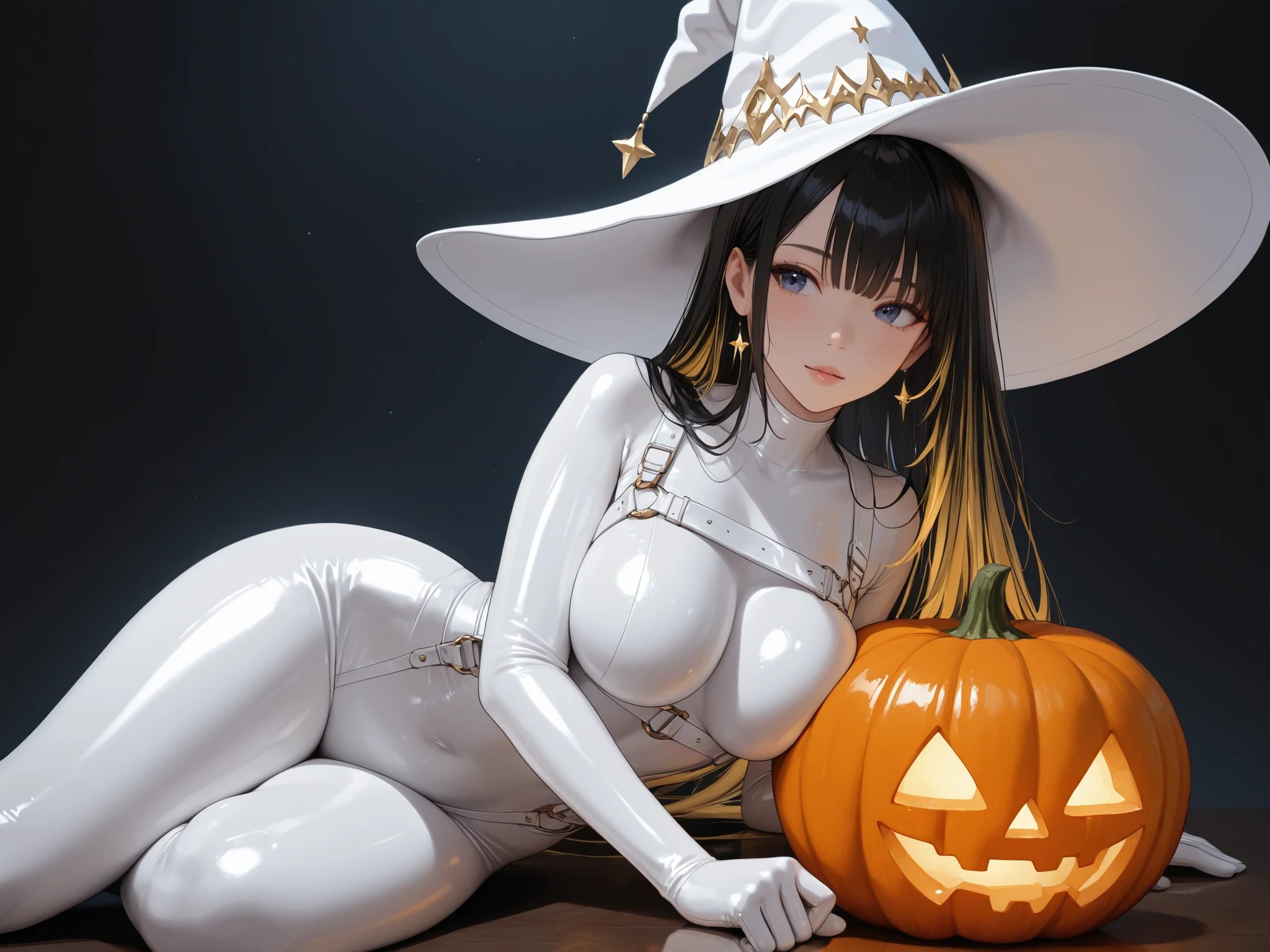 This is a hyperrealistic digital painting. The protagonist is a voluptuous, light-skinned young woman with long, straight black hair, wearing a white witch's hat and a white latex harness bodysuit that exposes her breasts and hips. She lies on her side, leaning against a large orange pumpkin with a carved pumpkin face, lit from within. The background is dark with golden highlights, and the overall color palette is soft and dreamy. The texture is smooth and slightly blurred, creating a delicate and ethereal atmosphere. Her poses and angles are dynamic, displaying monthlyity and tenderness.