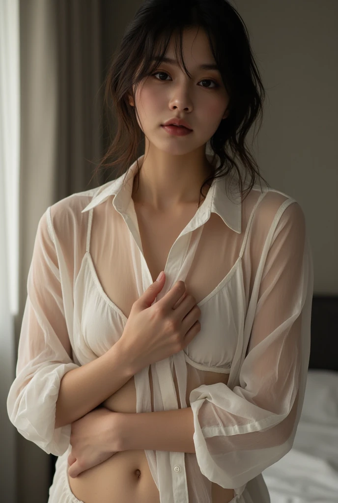 Lens reflection, (8k, raw, professional, best quality, masterpiece: 1.2), (realistic, photorealistic: 1.37), very detailed, (25mm wide angle portrait), (the most sensitive skin: 1.2), very detailed 얼굴, movie lights, 1 girl, There are tears in my eyes, very sad expression, crying, curly black hair, sit on the bed, dark light, looking at the camera, big bust, wearing a white shirt, Naked shirt, The cleavage is visible, bare one's shoulders, short pants
