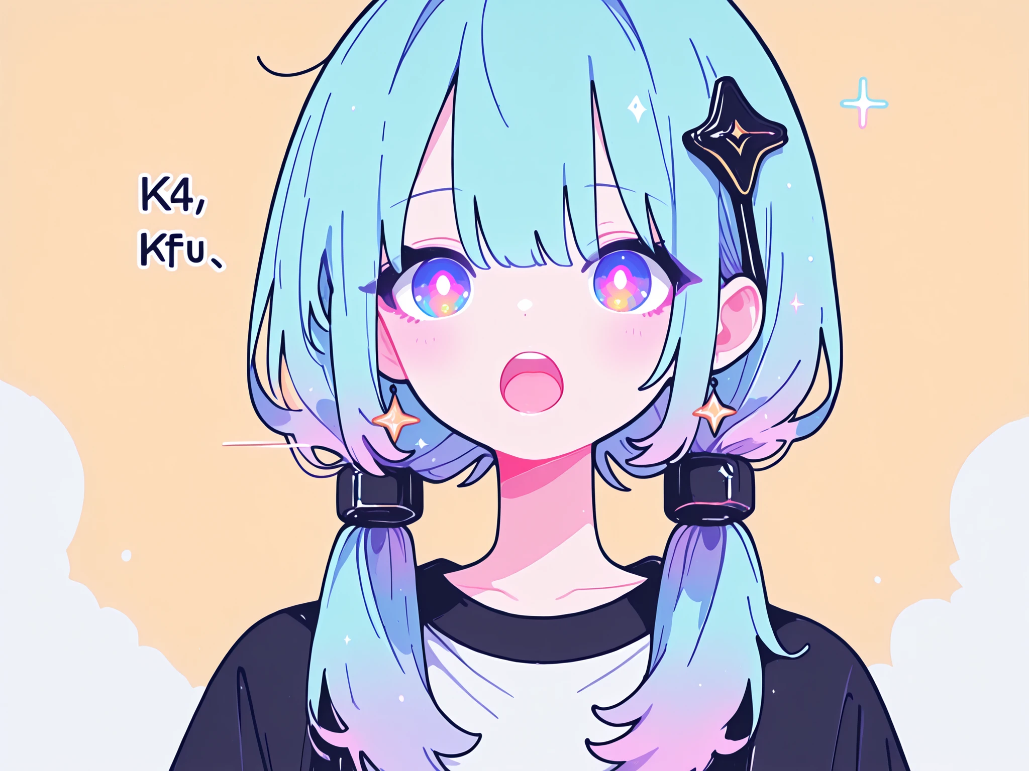 with mouth open, talking, k4fu, diamond hair ornament, hair over shoulder, low twintails, multicolored eyes, white pupils, bright pupils,Vocaloid, Kafu,