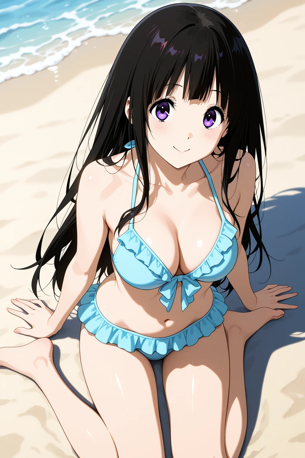Miyuki, 1girl in, Cute, blush, (Long Black Hair:1.5), 14years, (Oversized large sagging breasts:1.5), cleavage, ((White Micro Bikini:1.5, Thin fabric)), (Leaning forward:1.5), Upper body, Close-up on the chest, frontage, beach side, ((Perfect Anatomy, beautifull detailed face, Beautiful detailed eyes, beautiful detailed hair, Beautiful detailed body)), thick outline, Beautiful outlines, black outlines