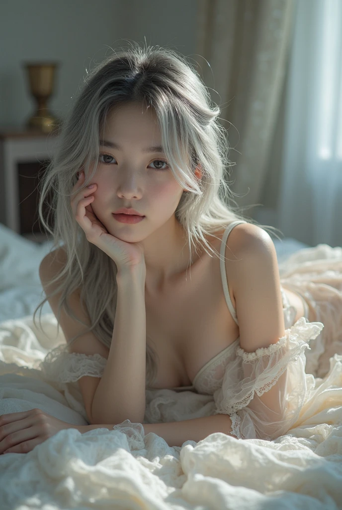 8K, Best Quality, masutepiece:1.2), (Photorealistic:1.4), Raw photo, Best Quality, 超A high resolution　Beautuful Women　Beautiful butt　　gigantic cleavage breasts　tthin eyebrows　on the beds　(Huge breasts:1.2) 　silber hair　silver blond　 Brightly colored clothing that shows off your body line　off-shoulder knit　japanes　view full body　bewitching　A sexy　2 limbs　Close both eyes　Opening legs　see-through mini skirts　See-through shorts　Sleeping on your side　Sleeping face down　Sleeping on your back　Steamy skin