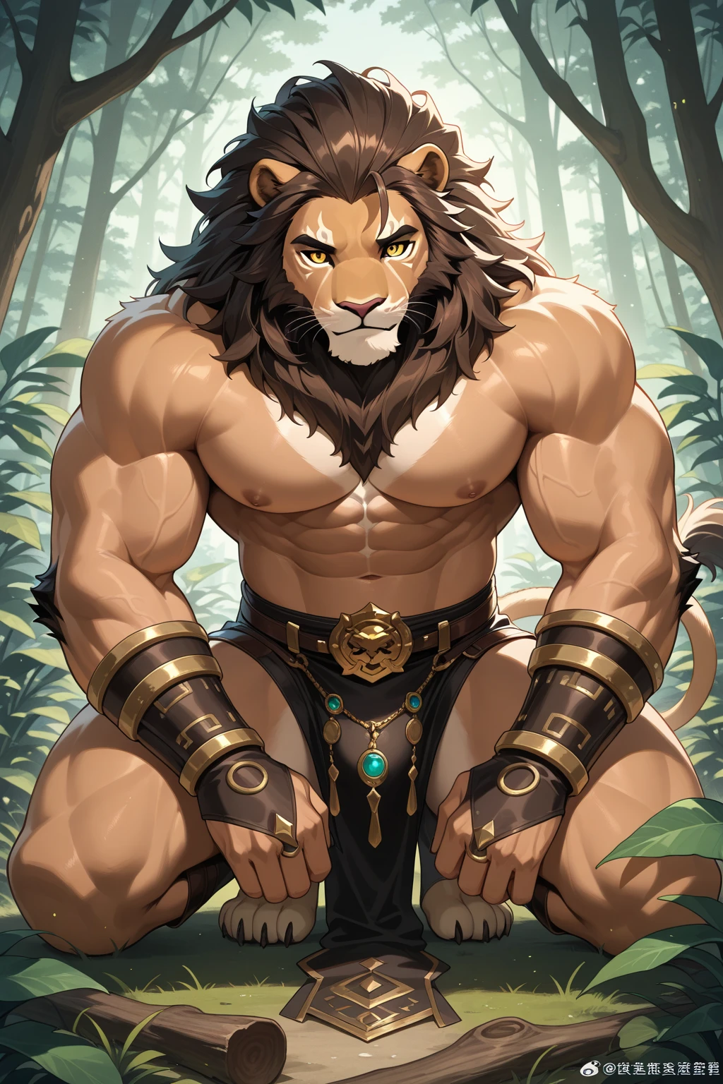 toshu, felid, lion, (by null-ghost, by thebigslick, by darkgem, by honovy), explicit, abs, anthro, asian clothing, brown body, brown fur, bulge, claws, clothing, detailed bulge, east asian clothing, fundoshi, fur, genital outline, japanese clothing, male, muscular, nipples, pecs, plant, samurai, solo, underwear, waterfall, armor, two tone hair, topwear, (bottomwear), japanese armor, black hair, (purple ponnytail:1.3), (purple hair:0.4), purple eyes, penis outline
BREAK,
by bruteandbrawn, by personalami, by kenket, (intricate, high detail, film photography, soft focus, RAW candid cinema,
photorealism, realistic, photorealistic, analog style, subsurface scattering,
masterpiece, best quality, ultra realistic, 8k)