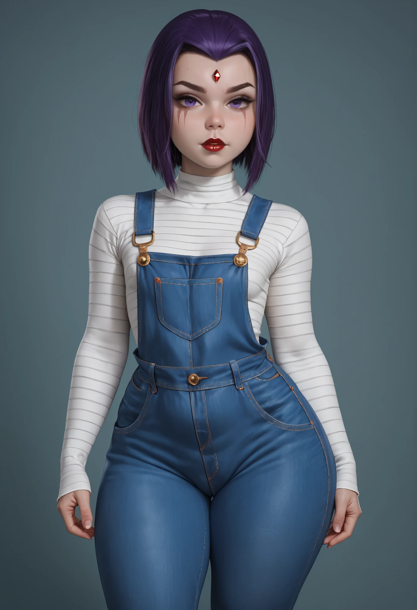 rachel roth, colored skin, grey skin, purple hair, medium hair, forehead jewel, purple eyes, small breast, huge hips, dark red lips.|  highres, hi res, best quality, realistic, realism, masterpiece, thick thighs, curvy, 1girl, solo, shortstack, ChuckyXLP, scar on face, stitches, striped shirt, overalls, striped, striped sleeves,