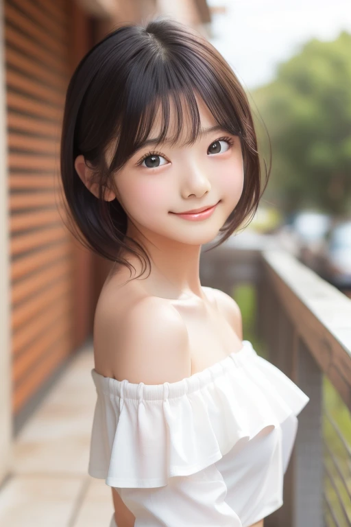((sfw: 1.4)), ((sfw, arms behind back, extra short hair, sidelocks-hair, smile, 1 girl)), ultra high resolution, (real: 1.4), RAW photo, highest quality, (photorealistic), focus ,Soft light,((15 years old)),((Japanese)),(((Young face))),(Surface),(Depth of field),Masterpiece,(Photoreal),Woman,Bangs,( (1 girl)