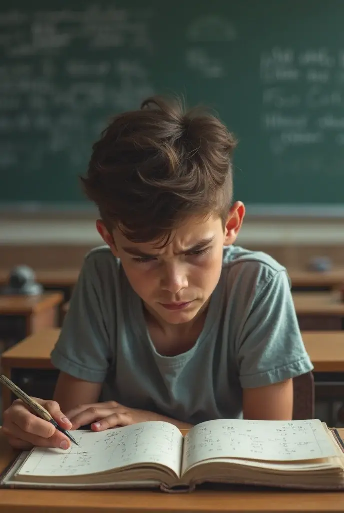 A crying teenager is at a desk in a classroom. There are many papers on the desk and some say “F”. On the desk is his iPhone turned on