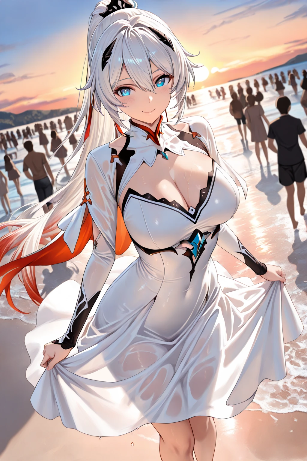 1 girl、red lips,White lace bikini,Slim,Large Breasts,The facial details are extremely detailed, handcuffs,collar,Black long hair, Charming red eyes, Fox ears, Ridiculously big, radiant skin,Standing on the beach,ocean,seawater,coconut tree
