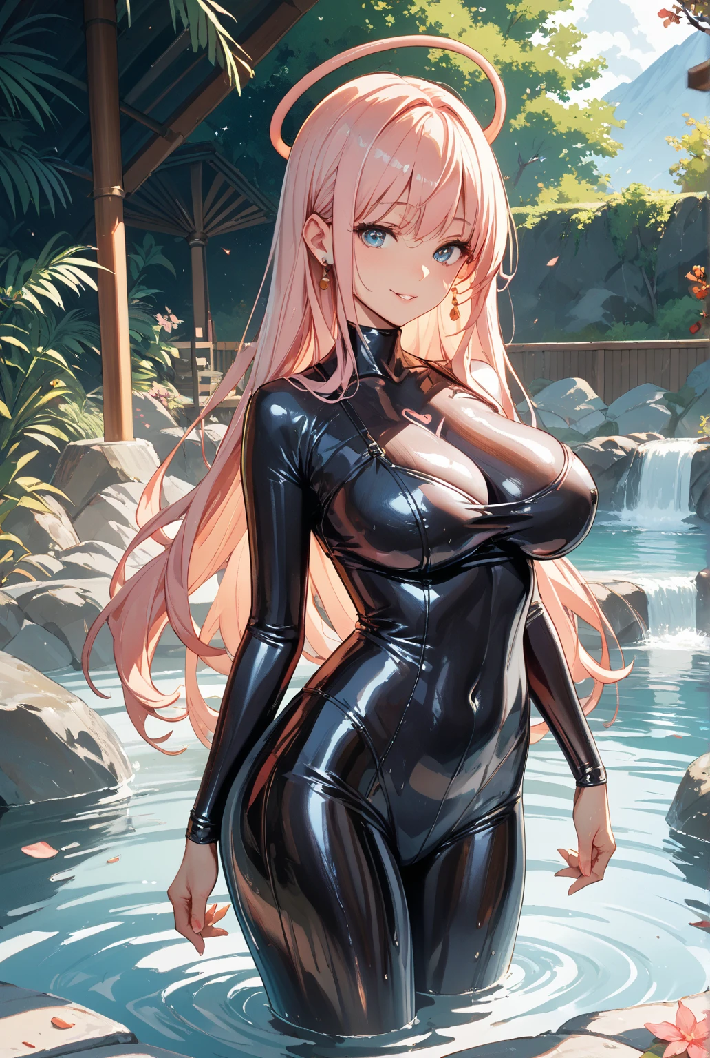 (8K, top-quality, masterpiece:1.2), (realistic, photorealistic:1.37), (super detailed), (one girl), (highly detailed), (beautifully detailed eyes), (of the highest quality), (masterpiece), (detailed face), (20yr old), (pink hair, long hair), (medium breasts), (clothed), (perfect lighting), BREAK, (black glossy bodysuit:1.5), (pink Paisley patterns:1.4), (high-neck:1.3), (slim fit silhouette:1.5), (ankle boots:1.4), (platinum choker and ring set:1.2),
BREAK, (upper body:1.3), (wavy pink long hair:1.4), (smile:1.2), (bright oasis background:1.2),(heavy rain:1.2),. (even lighting:1.5), (wet:1.3),
