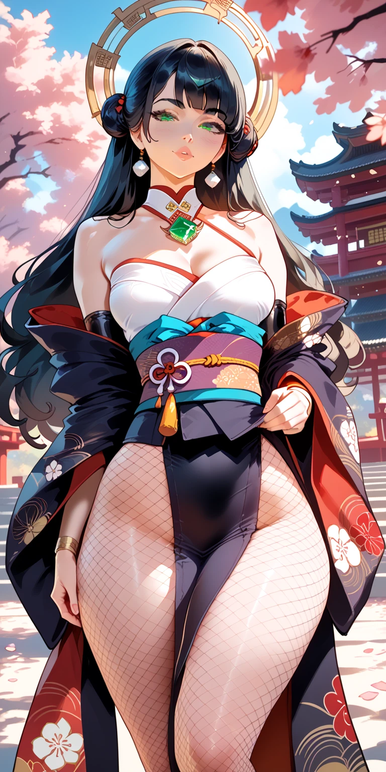 Adult woman, Long black hair, high ponytail, red-eyes, red kimono, open belly, Huge-breasts, open thighs, ssmile, Masterpiece, hiquality