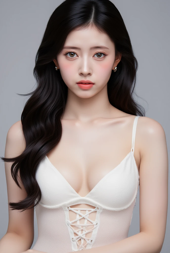 Kim jennie con el cabello negro oscuro, con rulos en las puntas del cabello negro oscuro, con un ganchito de estrella en el cabello negro oscuro, ojos de color claro, ojos bonitos, ojos llorosos, nariz bonita y respingada, labios bonitos, labios rosas, heart and cupid shaped lip, piel bonita, pale, piel blanca, con lunares y pecas en todo el rostro, rubor rosa suave en las mejilla, rubor rosa natural, maquillaje suave y rosa, jennie, cuellos bonito, cuello marcado, frown, mirada enojada, con un collar de beso, un collar bonito de beso, mientras muestra sus pechos con un brasier de conchas del mar, mientras un brasier en forma de conchas de mar, con una falda roja, mientras tiene una falda suelta de color rojo, mientras tiene el abdomen desnudo, delgado, marcado y bonito, (pechos grandes, pechos suaves, pechos bonitos, pechos naturales), mirando a la camara, autofoto 