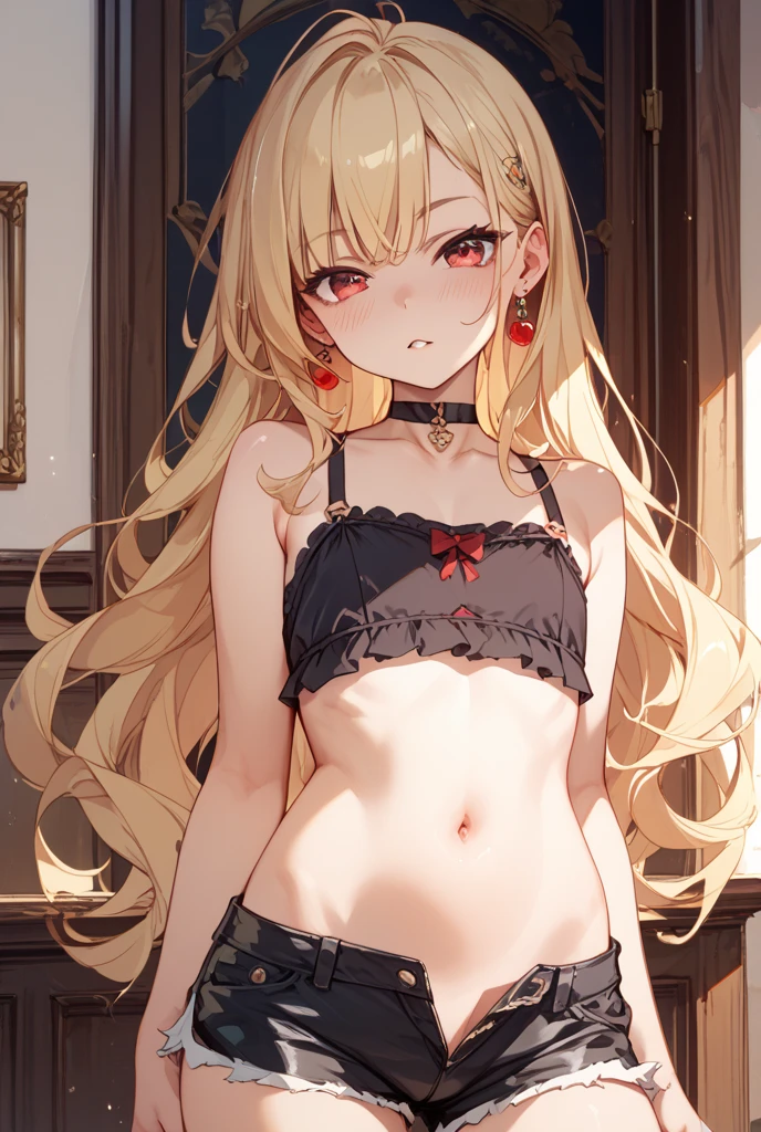 #Basics A girl is posing for a photo, animeのかわいい女の子, (((One Girl, Baby Face, Young girl, 16 years old))), 
BREAK 

#Clothing Accessories 
(Sexy Underwear : (Red satin lace bra) + (Red satin lace thong panties) + belly button + Sheer black elbow gloves + Black knee-high stockings + Black High Heels), 
small red earrings, Black choker, Luxury gold bracelet, 
BREAK 

#Features 
((Blonde)), Curly hair, (Long Hair : Long Hair + Fuller Hair + Curly Hair),  
(Droopy eyes, blue eyes), (Small breasts), 
BREAK 

#background environment 
(noon、(Sunlit bedroom)), 
#Facial Expression Pose
((Wicked Smile), (Standard standing pose with arms naturally hanging down at sides)), 
#composition 
((Face the camera, Angle from the front, Cowboy Shot)),  
BREAK 

#Body parts elements 
(Detailed hair, Beautiful Hair, Shiny Hair), 
(double eyelid, Long eyelashes), 
(Expression of fine eyes, Beautiful and delicate eyes, Sparkling eyes, Eye Reflexes, Glitter Eyeliner), 
(Human Ear), 
(Beautiful Nose, Thin Nose), 
(Glossy lips, Beautiful Lips, Thick lips, Glossy Lips, Natural Cheeks), 
(Detailed face, Symmetrical facial features), 
(Detailed skin, Textured skin, Beautiful Skin, Shiny skin), 
BREAK 

#Quality 
(((Highest quality)), ((masterpiece)), ((Very detailed))), ((High resolution), (16K,1080P)), 
(Realistic), (Anatomically correct), 
((comics, anime)), (3DCG), CG illustration,
