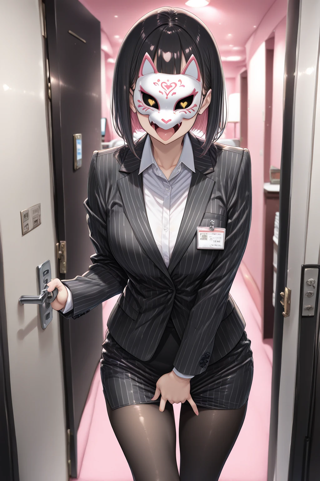 (masterpiece:1.4), (best quality), (detailed), (highres) BREAK
1girl,<lora:highriseV15:0.5>, (highrise_mask:1), smile, solo, red hair, short hair, cleavage, breasts, close-up,  office lady, business suit, black pants, holding notebook, holding notepad,  necktie, night sky, moonlit sky, night