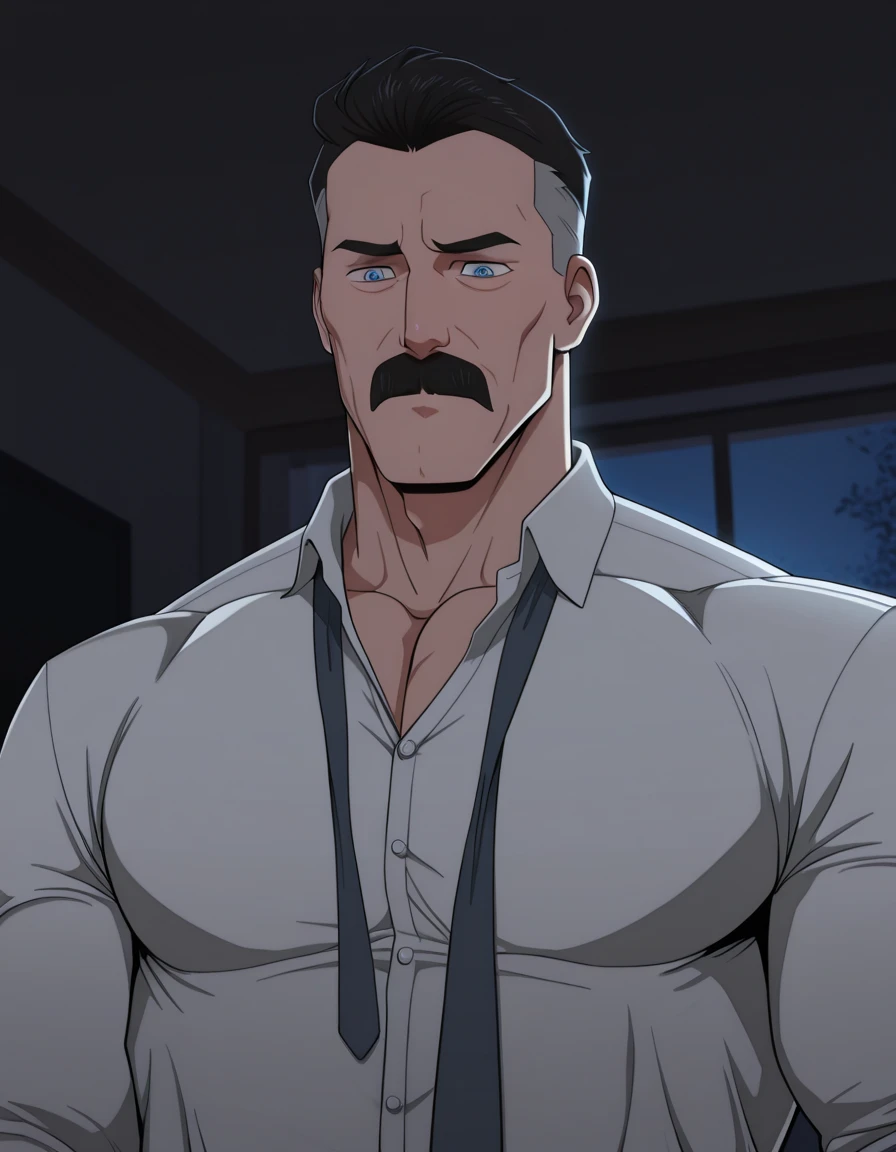 masterpiece, best quality, amazing quality, OmnimanIL, 1boy, solo, black hair, short hair, blue eyes, male focus, mature male, mustache, frown, tired, huge and muscular, loose white shirt, loose tie, flying, living room background, night, from the front, upper body shot, high res, detailed