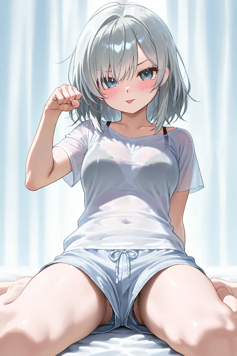 hitenkei style, claude monet style, oil painting, (()), , masterpiece, 1 girl,  , intricately detailed, navel,  shoulders, dirty gray hair, necklace, extremely detailed,  , puffy , blue eyes,  stomach, , bracelets, teen, soft eyes, armpit, sweaty, happy, half open eyes, tied hair, 1 ear visible, side bangs, sleepy eyes, large , lifeless eyes, sitting, full body, denim pants, bedroom, window, blinds, huge , long , slim waist, saggy , mole under the eye, short hair, earrings,