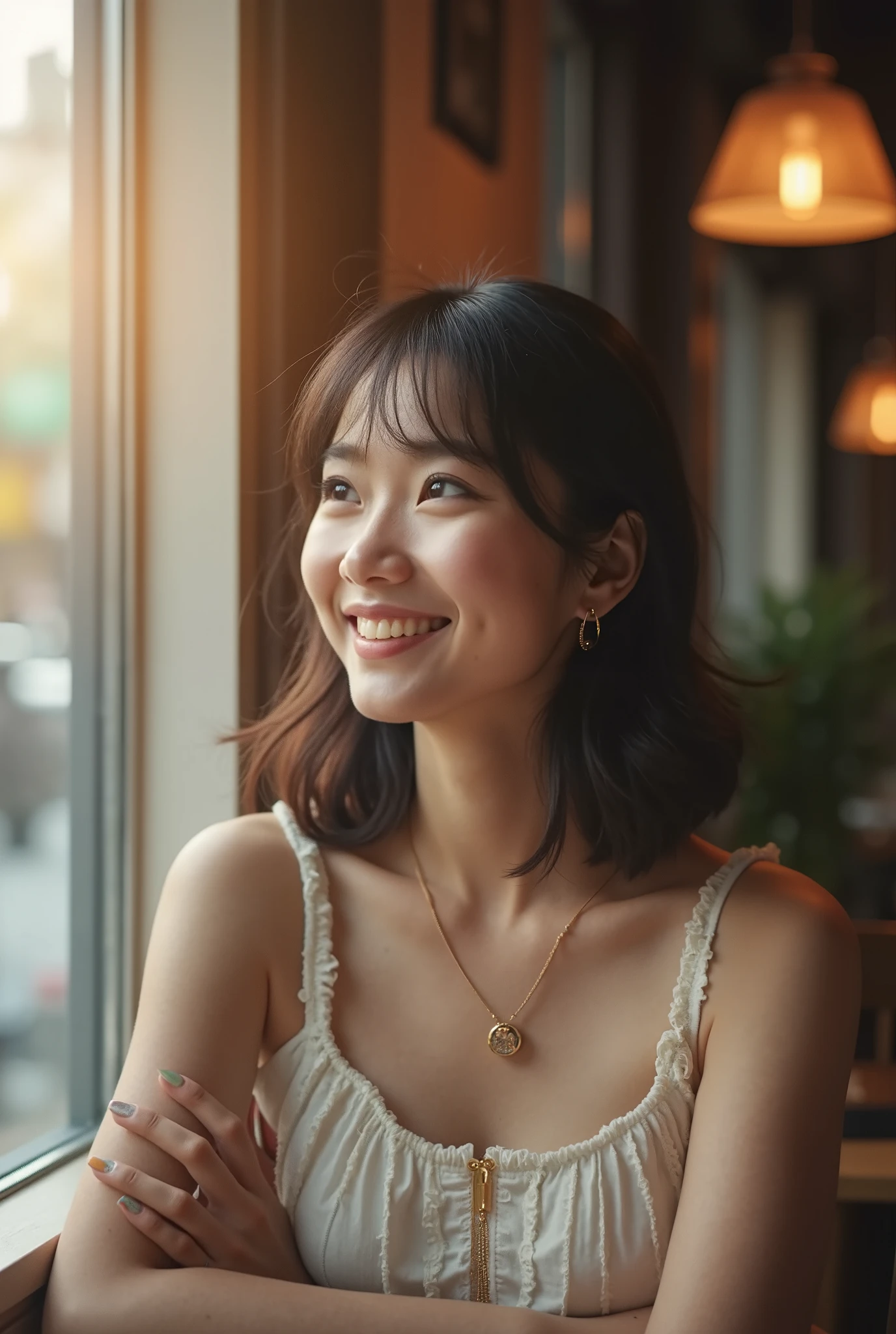 A very cute face like a 15-year-old idol　Smiling Kindly　((whole body))　No sleeve　Medium Bust　Cleavage　Stylish evening wine bar　Cinema lighting　Natural light　Artistic　RAW Photos　Genuine　High quality that is indistinguishable from real life　Real Stick　High resolution